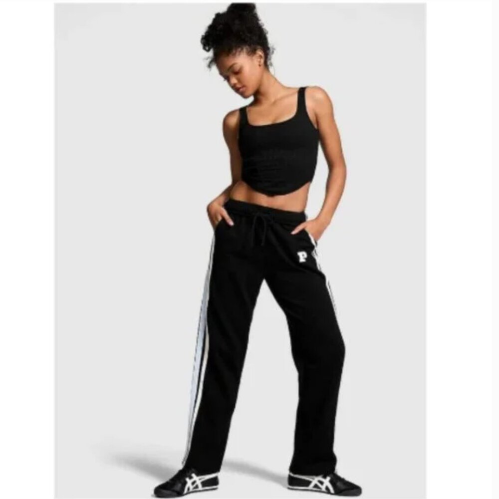 PINK Victoria Secret Ivy Fleece Straight Leg Sweatpants In Black Stripe XXL NWT